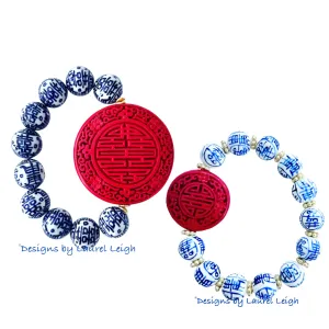 Red, Blue & White Double Happiness Cinnabar Bracelet