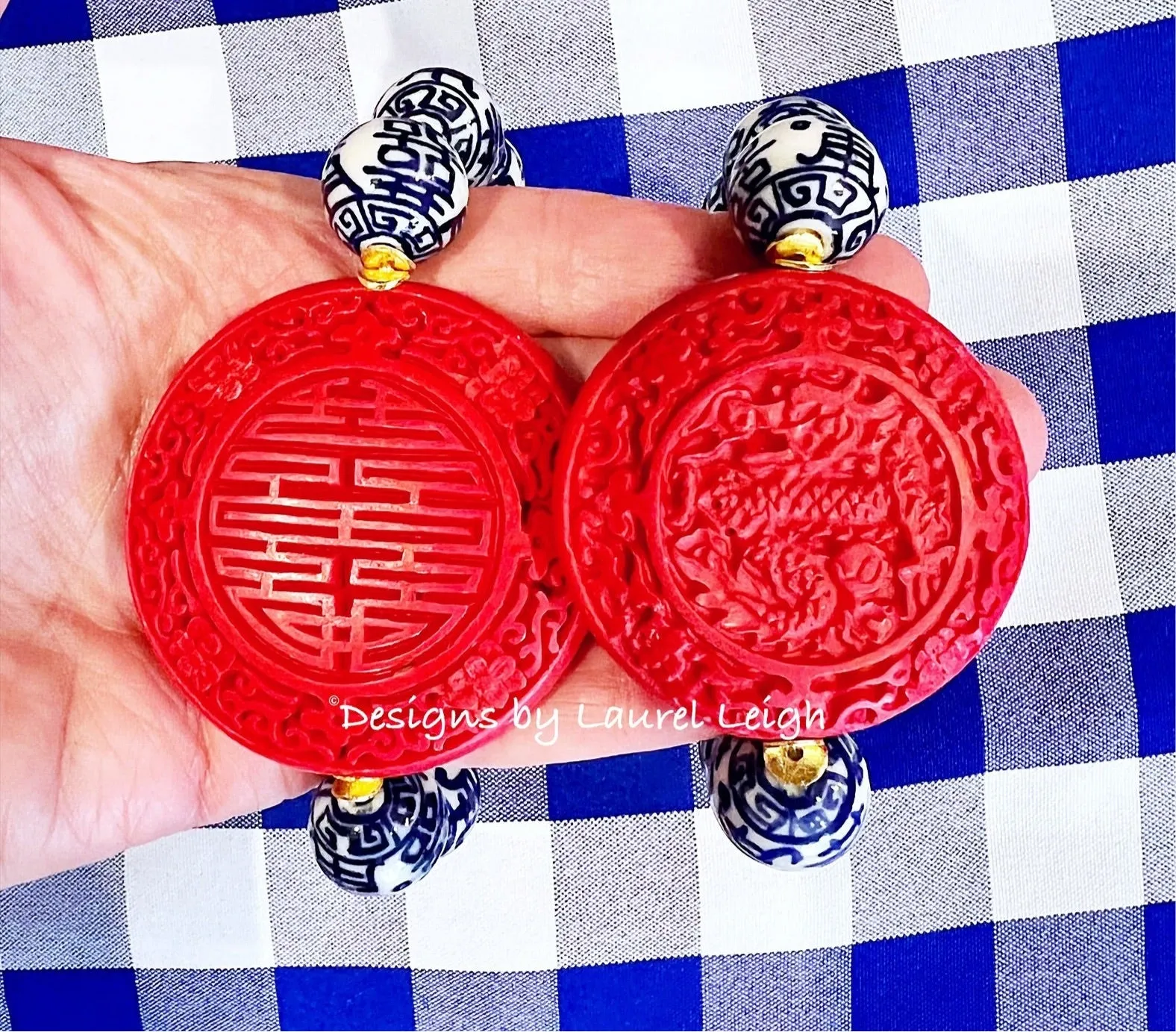 Red, Blue & White Double Happiness Cinnabar Bracelet