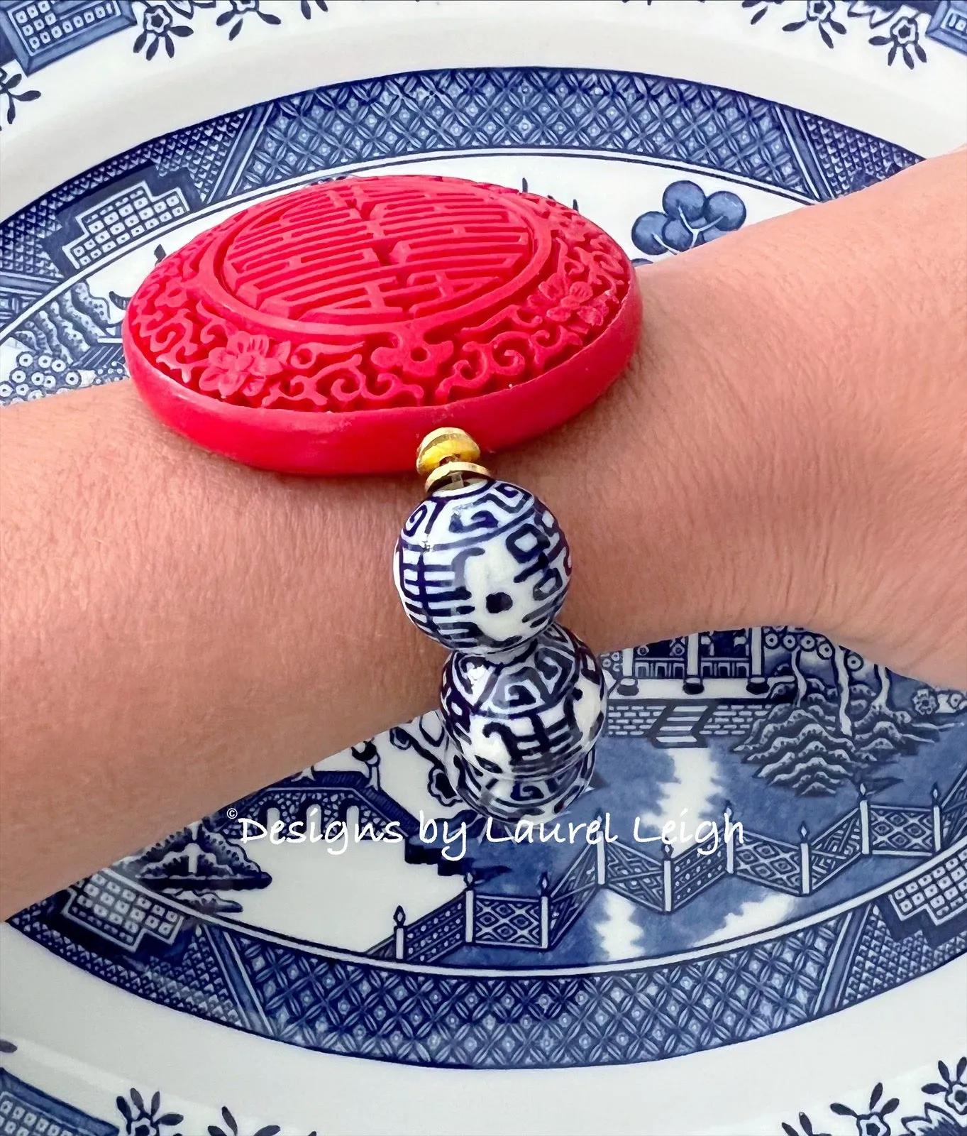 Red, Blue & White Double Happiness Cinnabar Bracelet