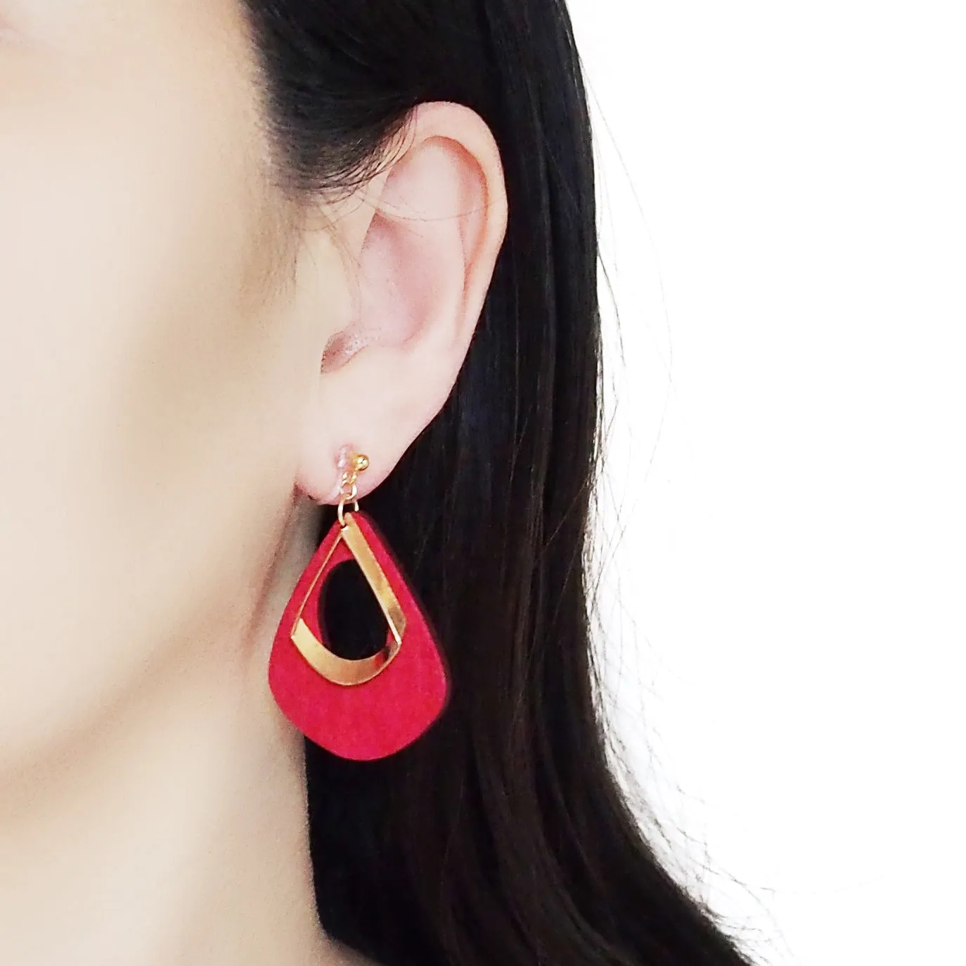 Red Wood Hoop Invisible Clip On Earrings