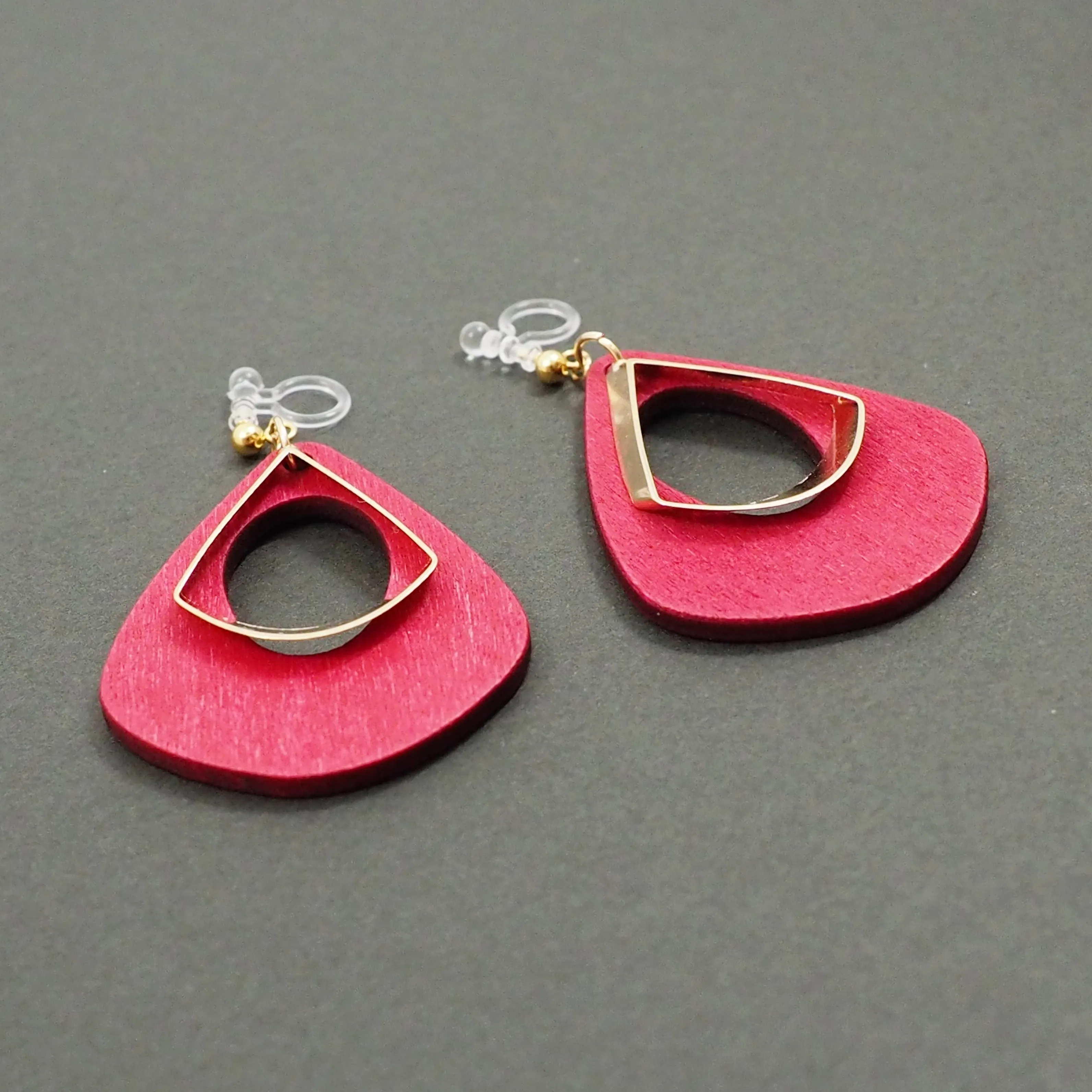 Red Wood Hoop Invisible Clip On Earrings