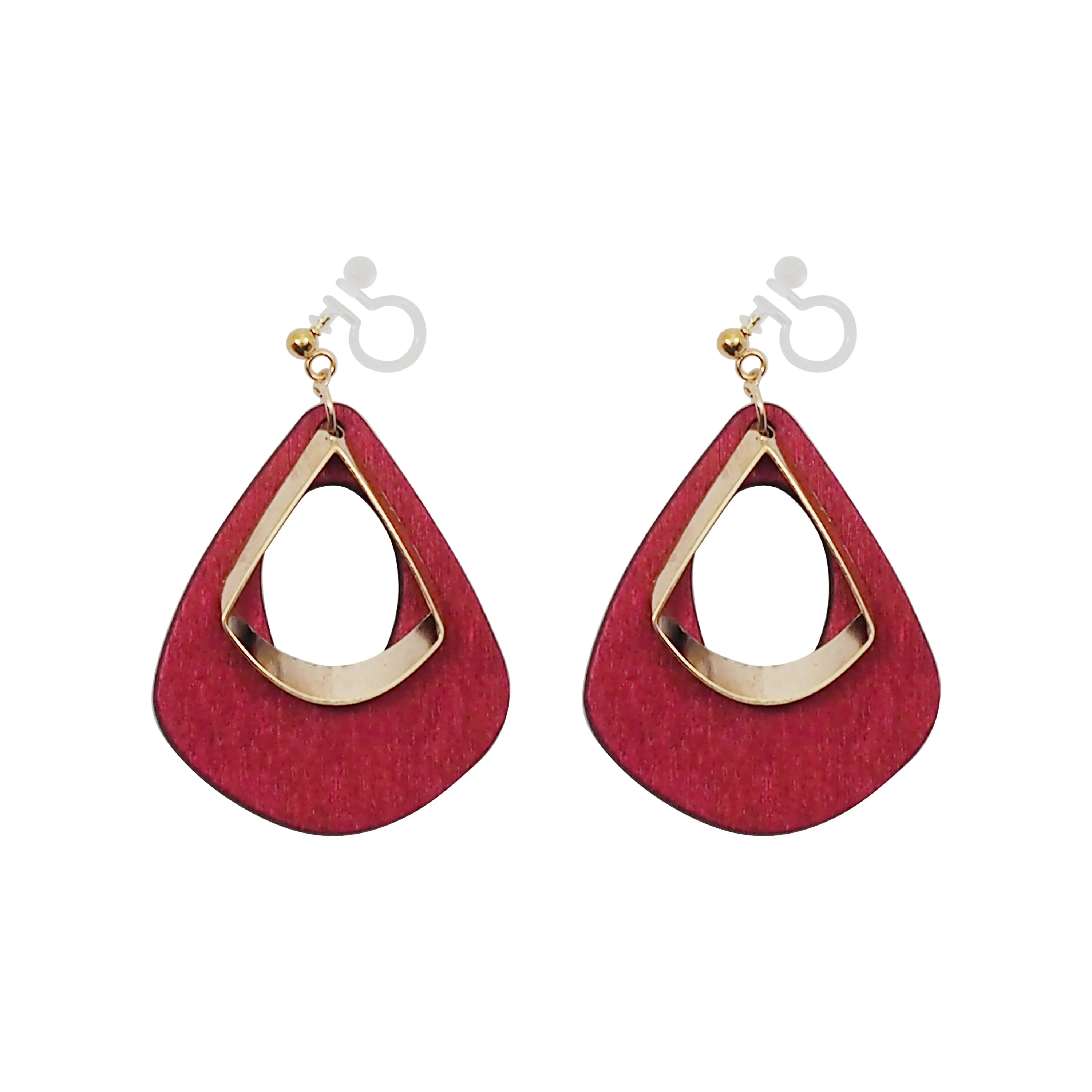 Red Wood Hoop Invisible Clip On Earrings