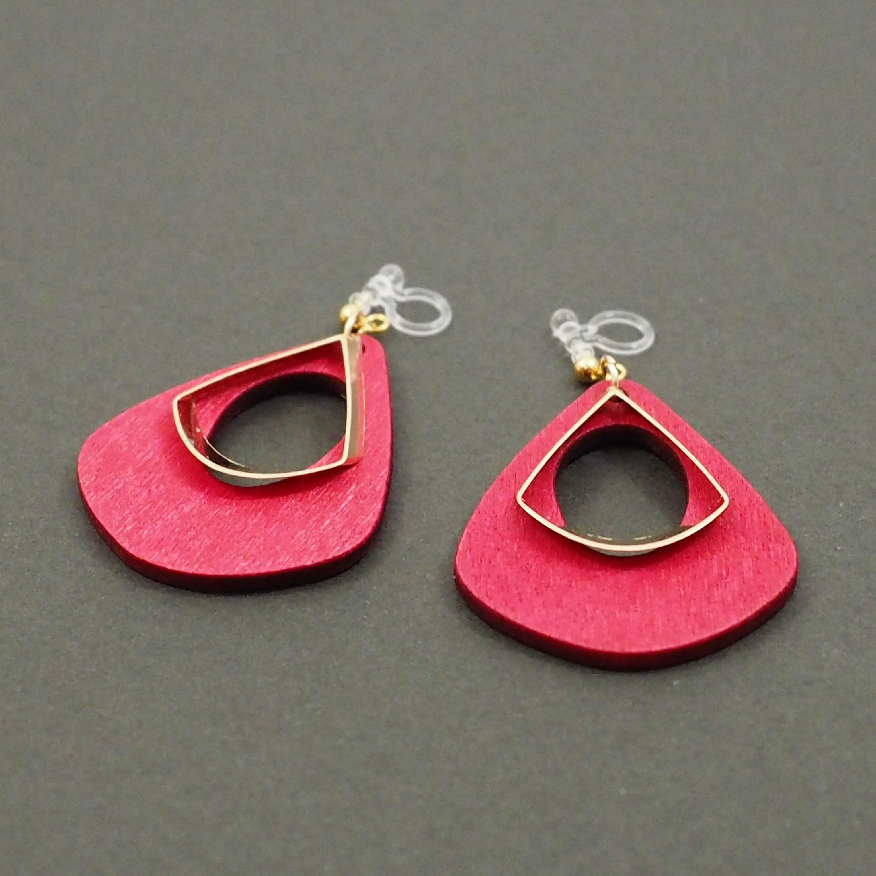 Red Wood Hoop Invisible Clip On Earrings