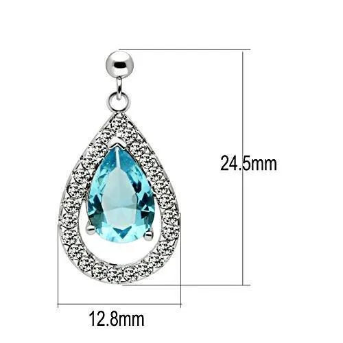 Rhodium Brass Earrings with Synthetic Synthetic Glass in Sea Blue for Women Sea Blue Stone Color Style 3W083