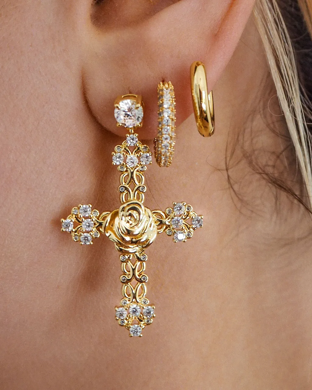 Rosa Cross Statement Earrings- Gold