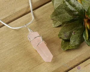 ROSE QUARTZ Crystal Pendant - Wire Wrapped Crystal Necklace, Crystal Points, Birthstone, Handmade Jewelry, E0142