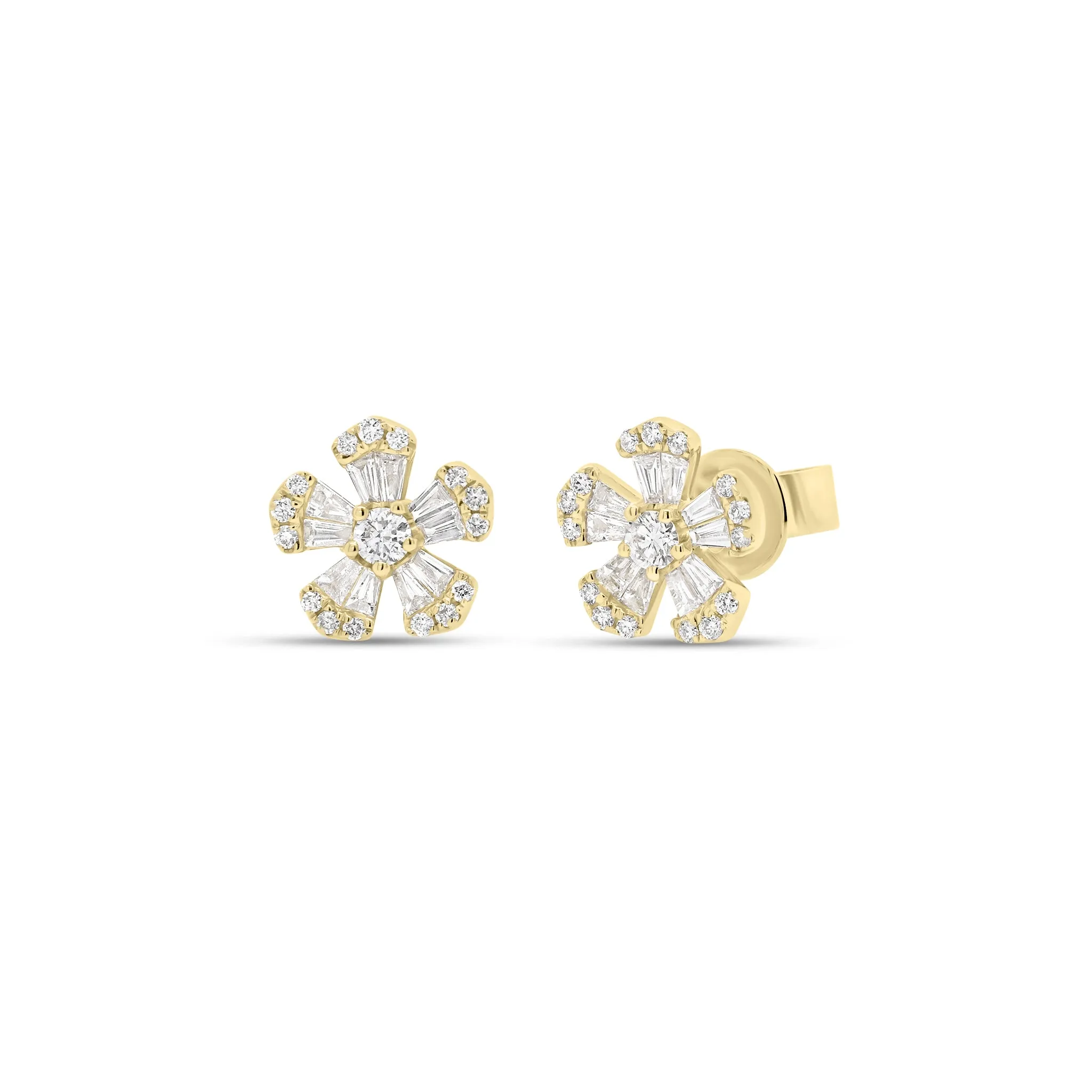 Round & Baguette Diamond Mini Flower Stud Earrings