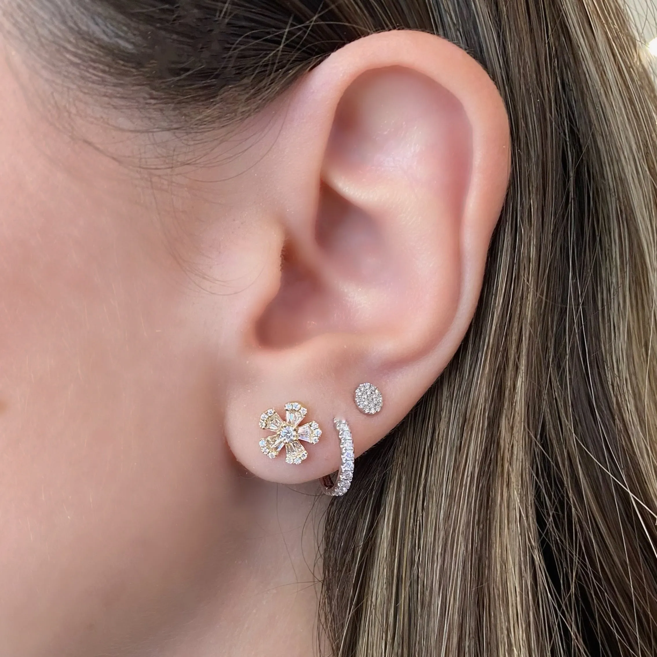 Round & Baguette Diamond Mini Flower Stud Earrings