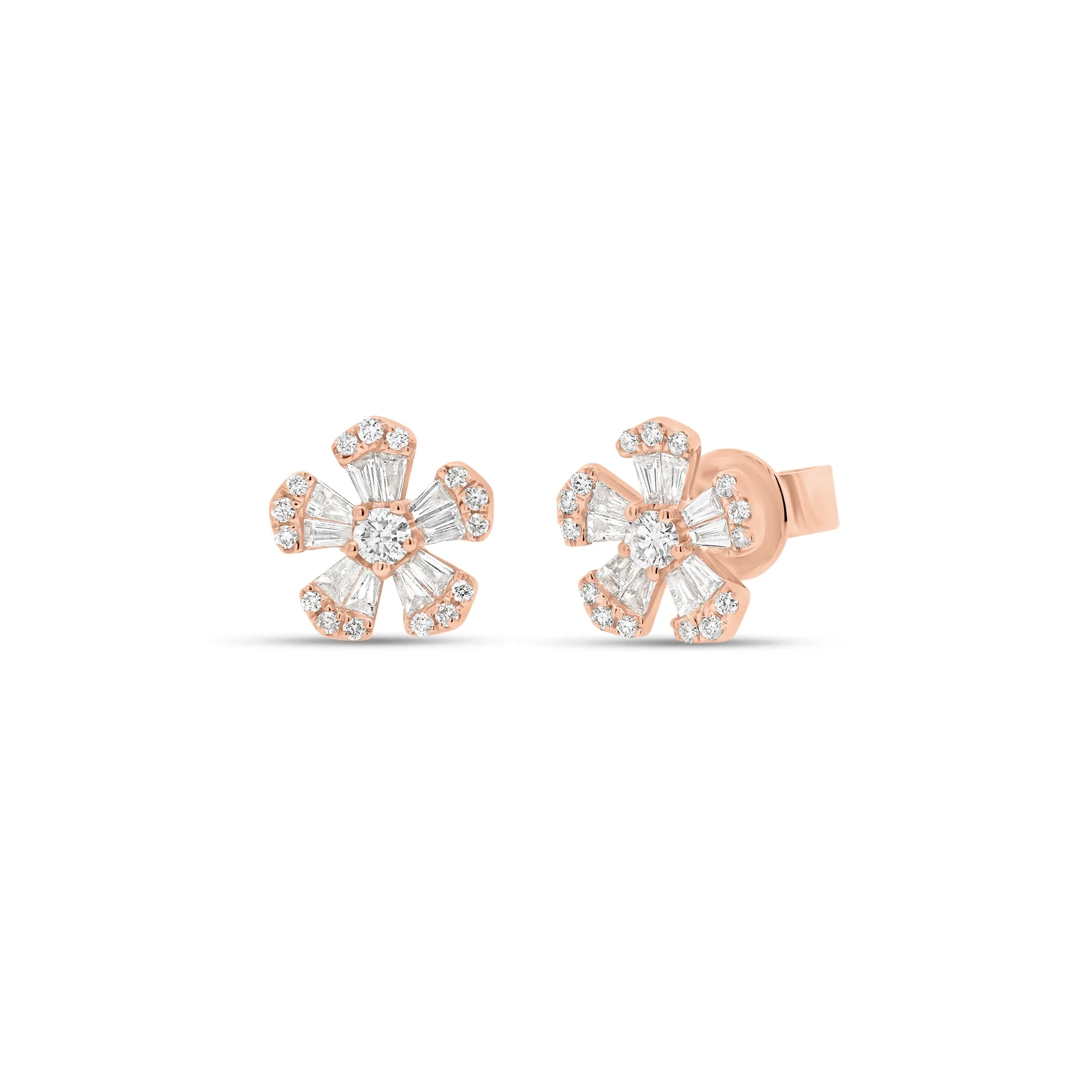 Round & Baguette Diamond Mini Flower Stud Earrings