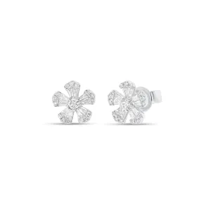 Round & Baguette Diamond Mini Flower Stud Earrings