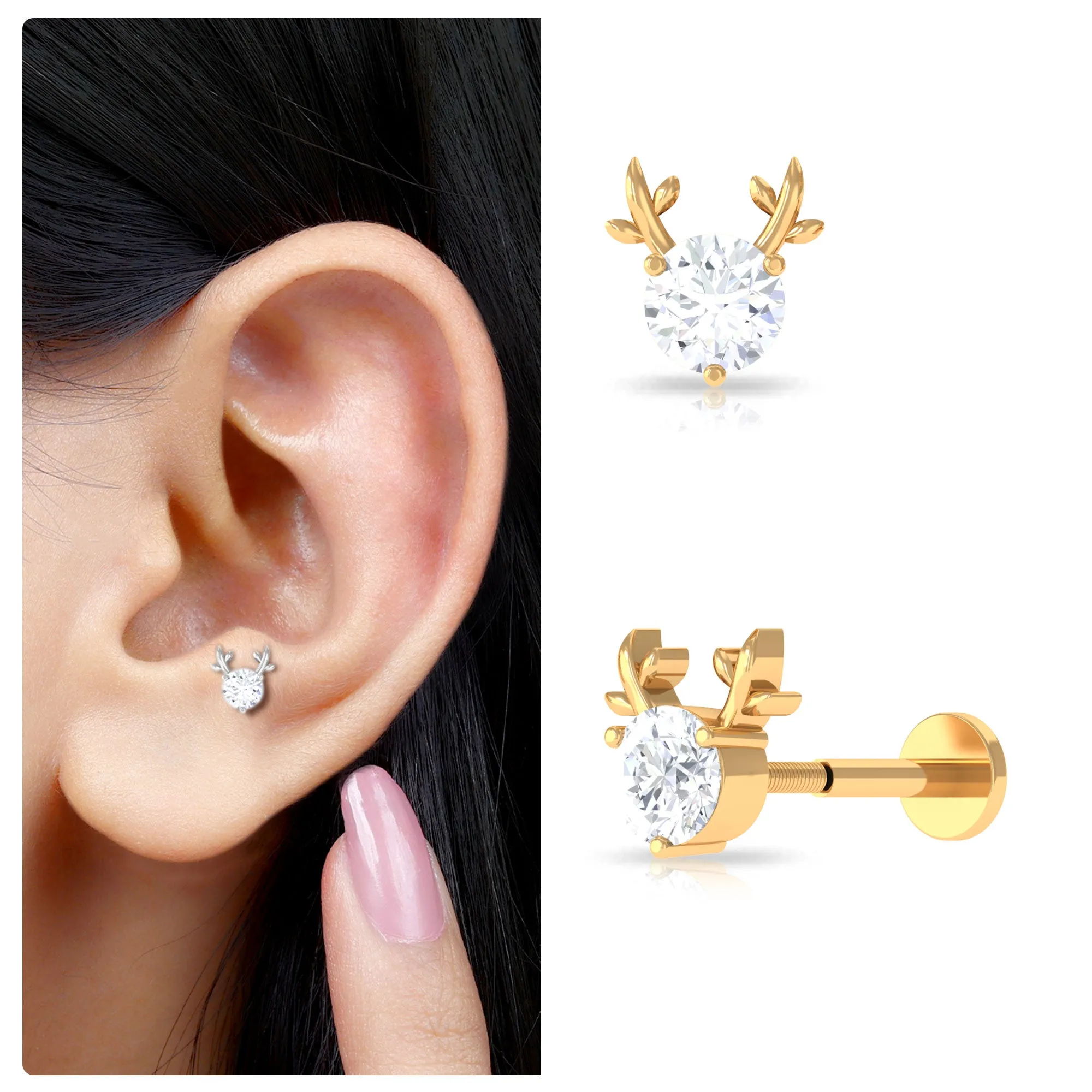 Round Moissanite Xmas Reindeer Cartilage Earring