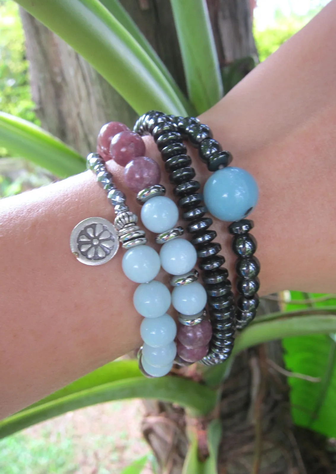 SALE - 27 Bead Mala Bracelet in Lepidolite, Plum Blossom Tourmaline and Amazonite