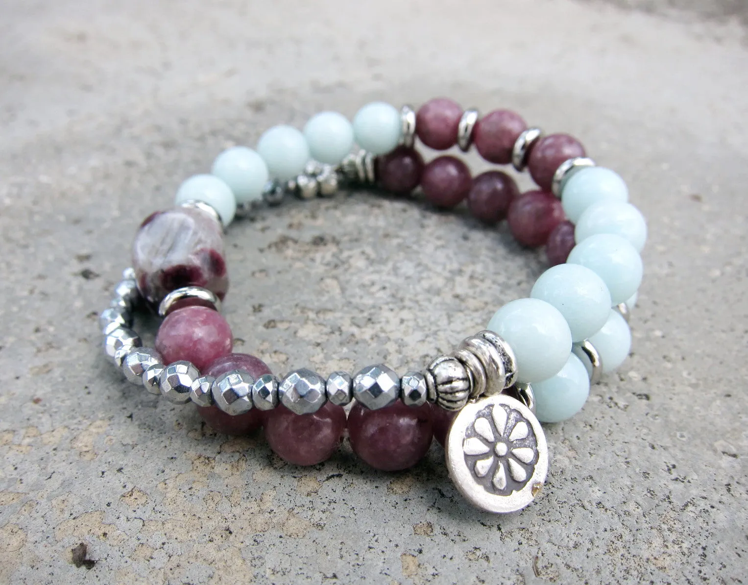 SALE - 27 Bead Mala Bracelet in Lepidolite, Plum Blossom Tourmaline and Amazonite