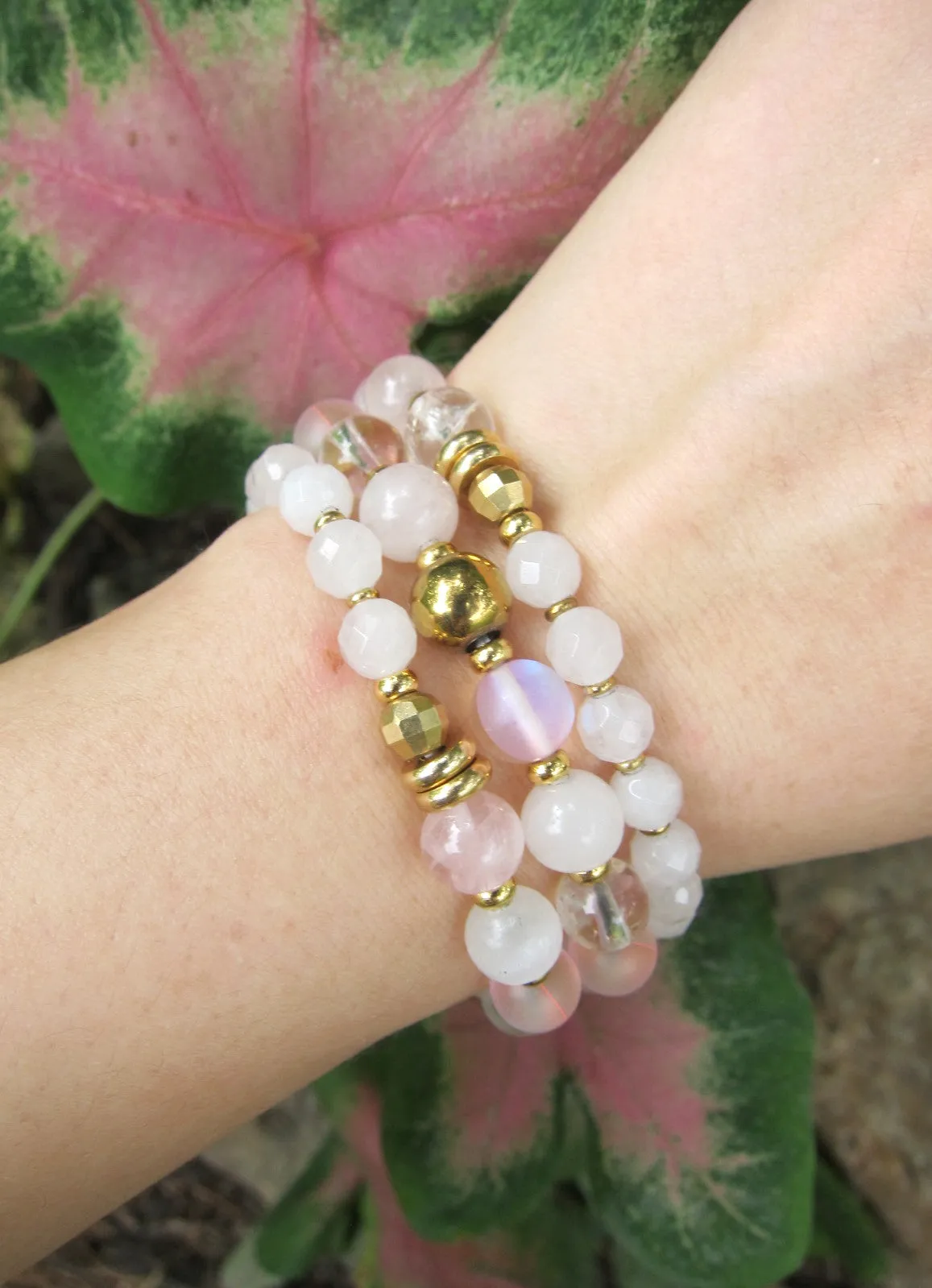 SALE - Rose Quartz, Selenite, Mystic Pink Quartz, Clear Quartz 3X Wrap Bracelet (convertible to necklace)