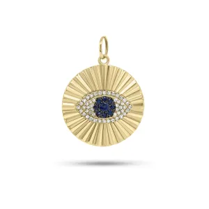 Sapphire & Diamond Evil Eye Ridged Gold Disc Pendant