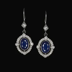 SAPPHIRE DIAMOND DANGLE EARRINGS VINTAGE STYLE OVAL SCALLOP HALO NATURAL 14k