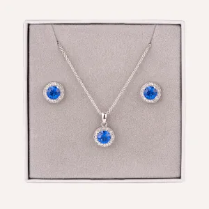 September Sapphire-Colour Birthstone Necklace & Earring Set In Silver-Tone