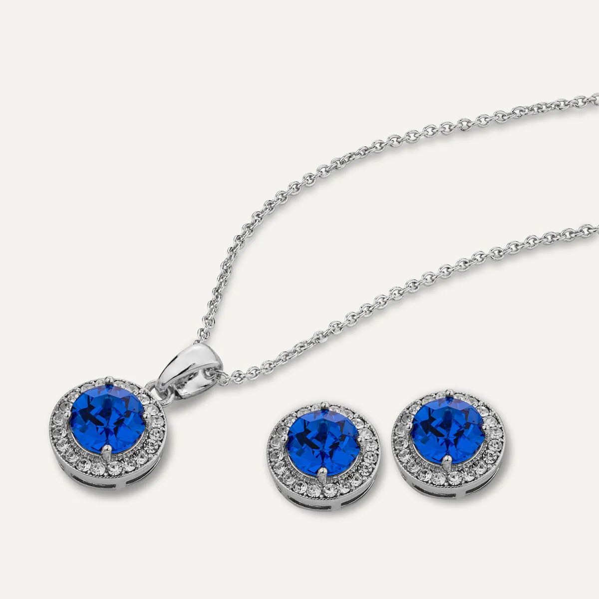 September Sapphire-Colour Birthstone Necklace & Earring Set In Silver-Tone