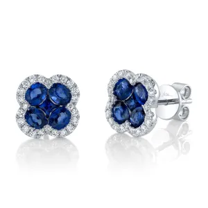 Shy Creation Diamond and Blue Sapphire Clover Stud Earrings