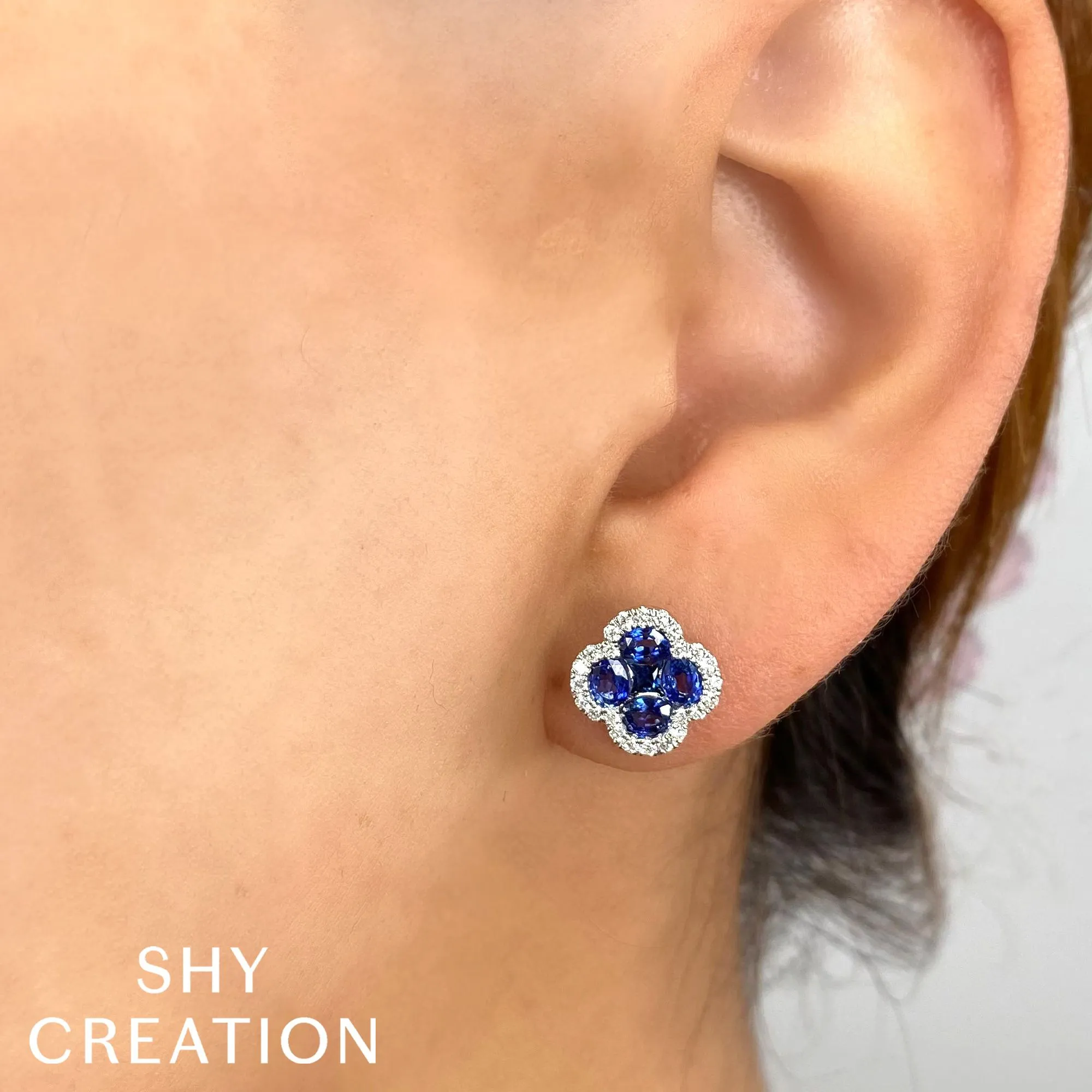 Shy Creation Diamond and Blue Sapphire Clover Stud Earrings