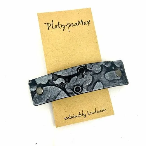 Silver Bicycle Gears Stamped Leather Hair Barrette