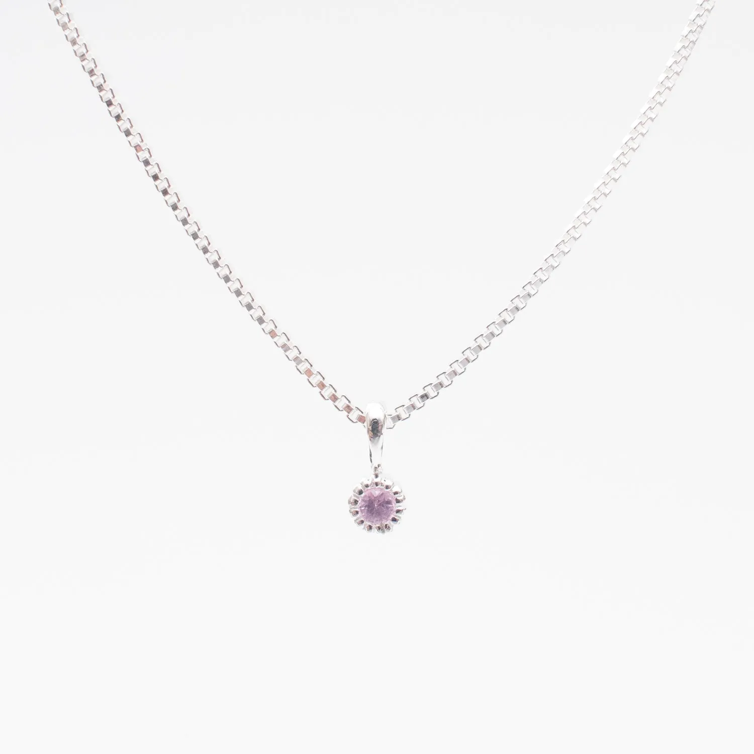 Silver Tiny Milgrain Edge Pink Sapphire Necklace