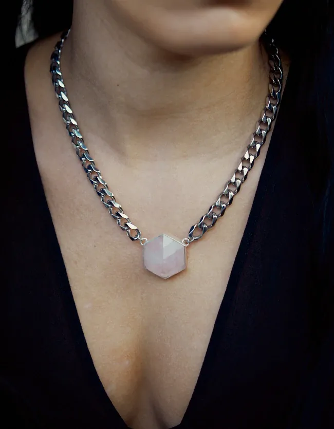 Six Reasons Hexagon Necklace - Rose Quartz & Silver