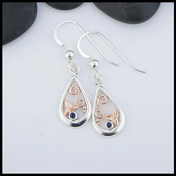 Tear Drop Earrings in Sterling Silver and Rose Gold with Sapphire