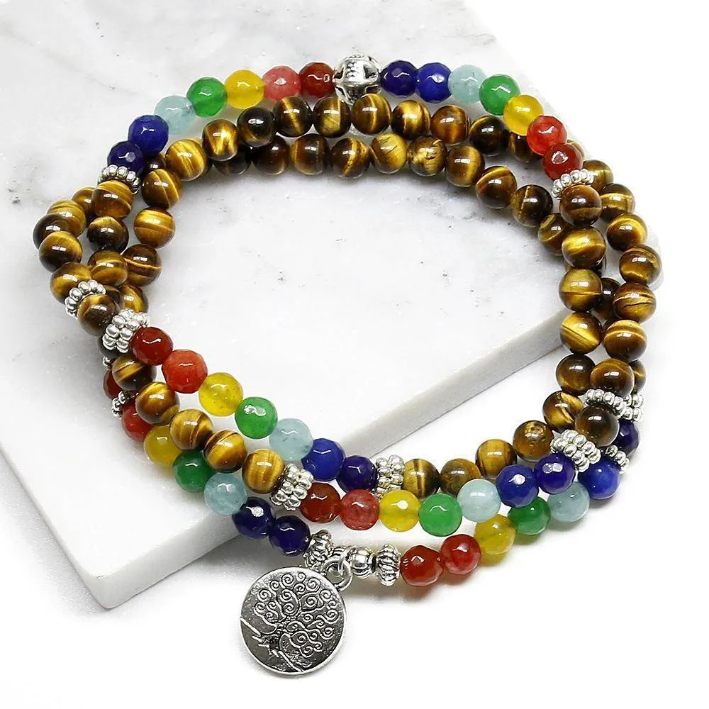 Tree of Life, Chakra beads and Tiger Eye natural stone Unisex Mala, 108 Buddha Healing Stone Beaded Bracelet