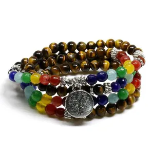 Tree of Life, Chakra beads and Tiger Eye natural stone Unisex Mala, 108 Buddha Healing Stone Beaded Bracelet