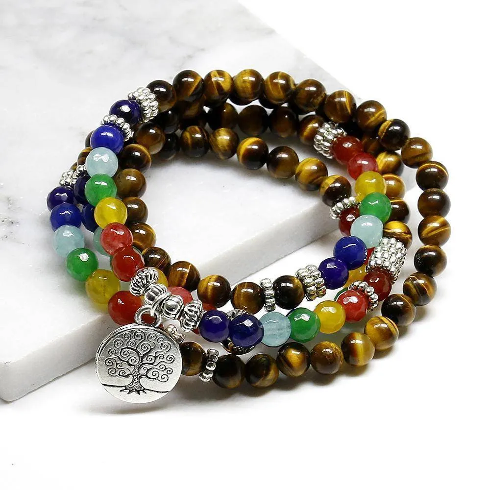 Tree of Life, Chakra beads and Tiger Eye natural stone Unisex Mala, 108 Buddha Healing Stone Beaded Bracelet