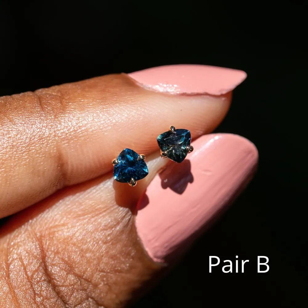 Trillion Sapphire Stud Earrings in 14k Yellow Gold