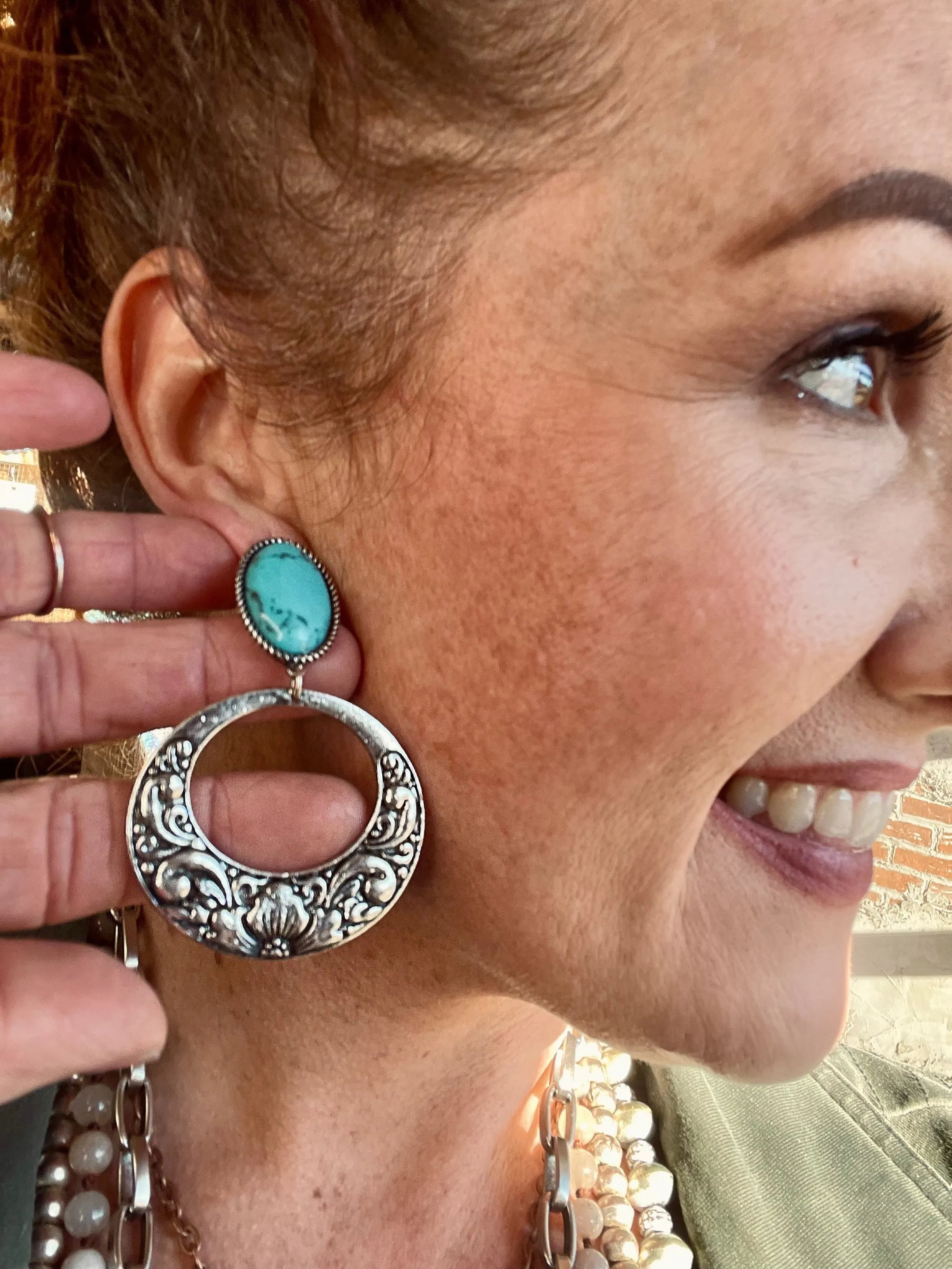 Turquoise Embellished Silver Earrings