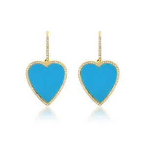 Turquoise Inlay Heart Drop Earrings with Diamonds