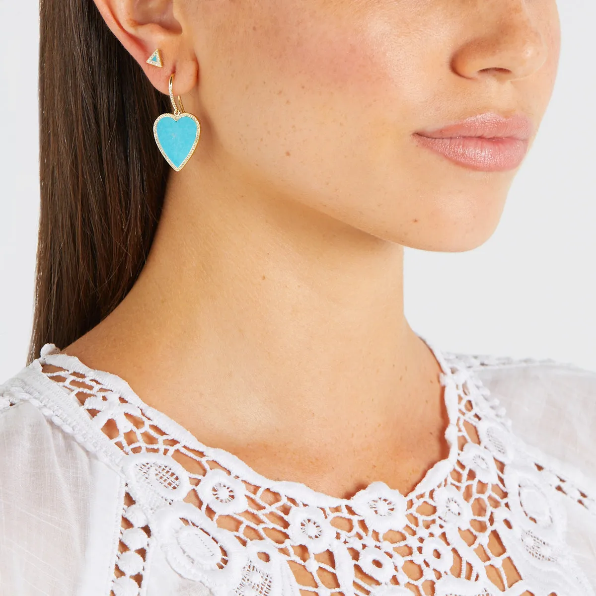 Turquoise Inlay Heart Drop Earrings with Diamonds