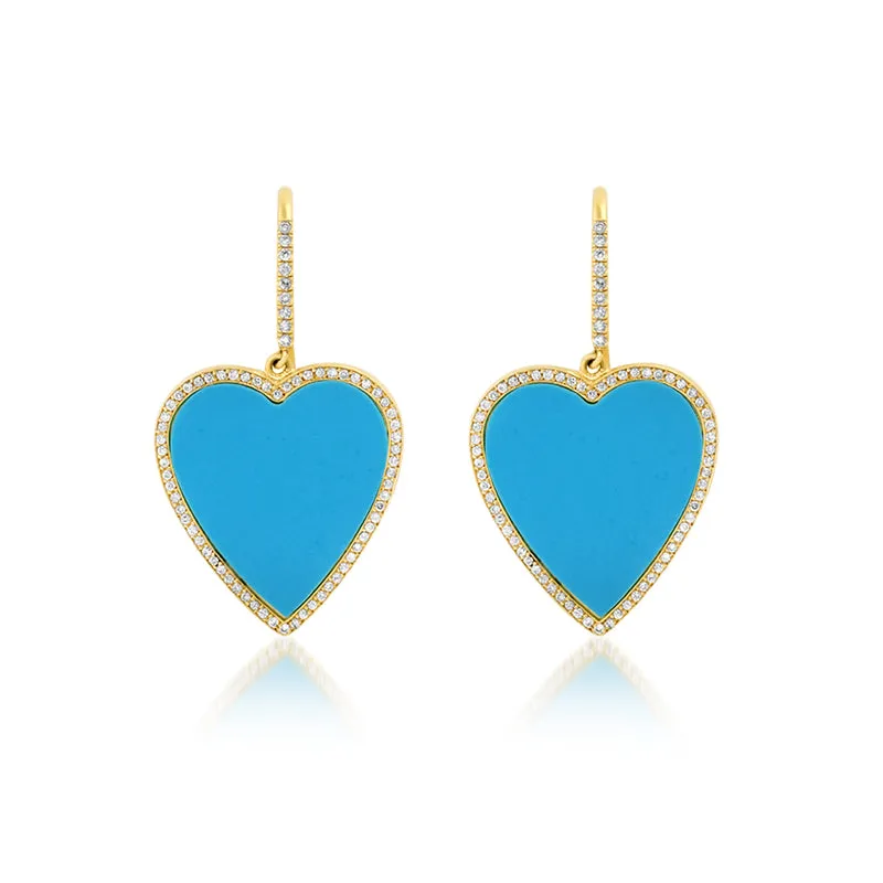 Turquoise Inlay Heart Drop Earrings with Diamonds