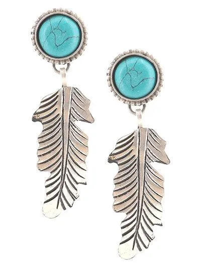 Turquoise Stone with Hanging Feather Earrings