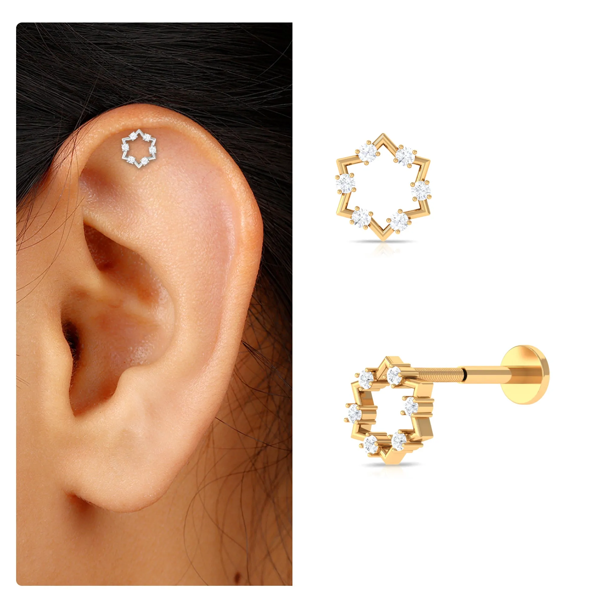 Unique Real Diamond Gold Star Earring for Cartilage Piercing