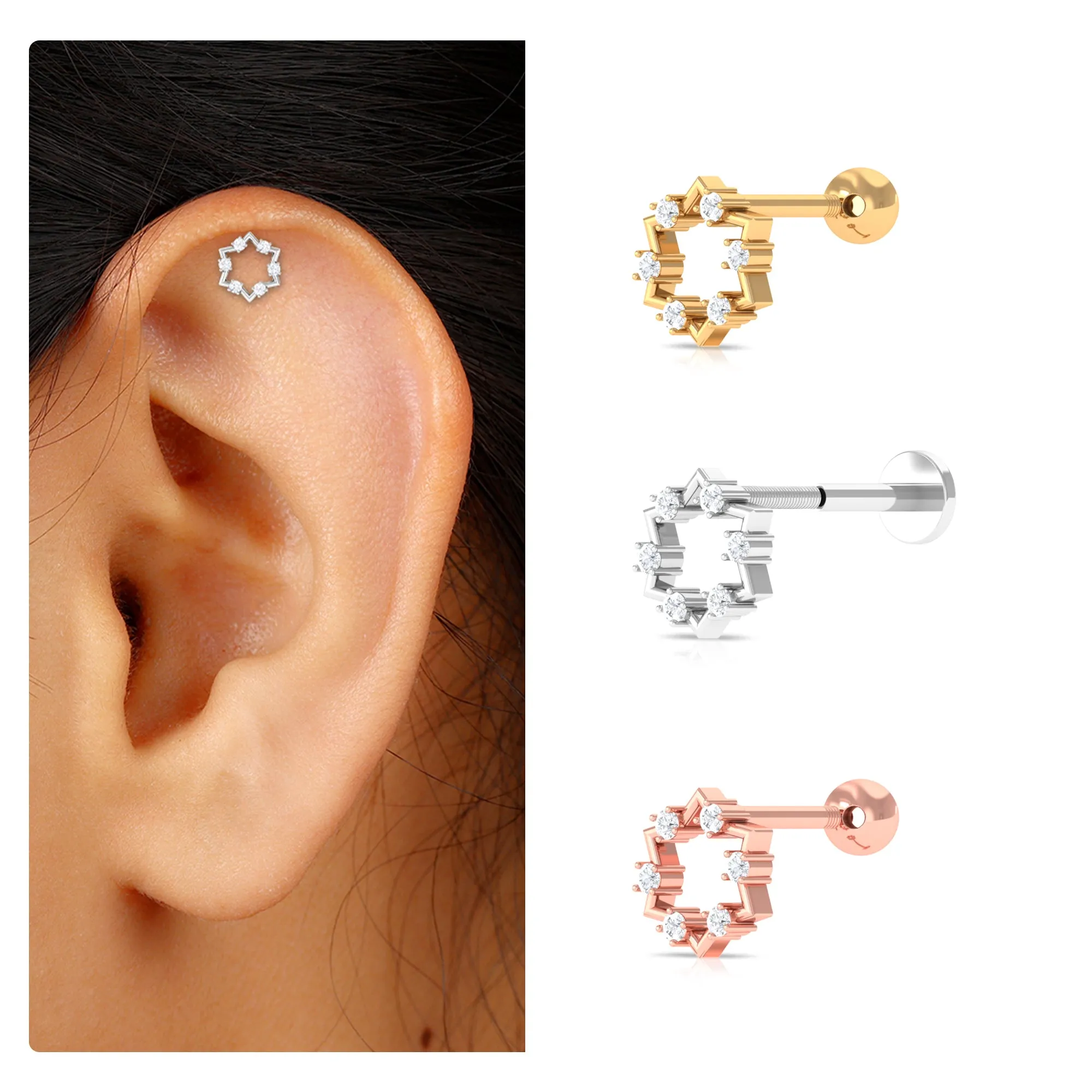 Unique Real Diamond Gold Star Earring for Cartilage Piercing