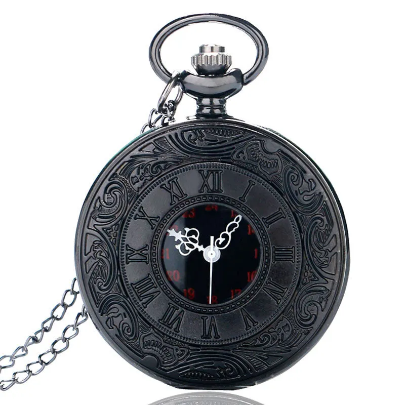 Vintage Charm Black Unisex Fashion Roman Number Quartz Steampunk Pocket Watch Women Man Necklace Pendant with Chain Gifts P427