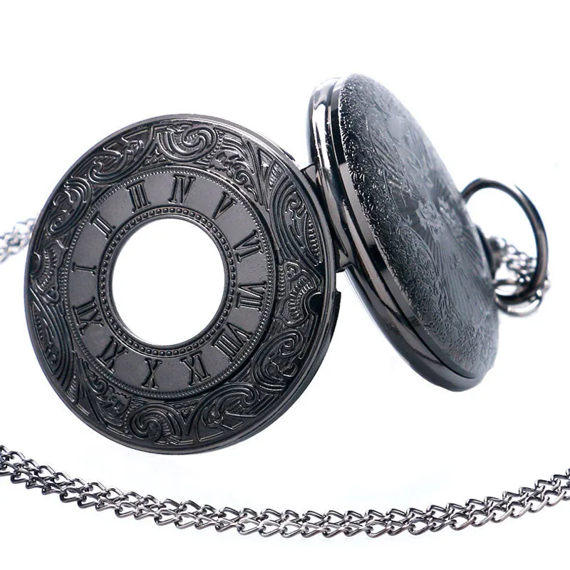 Vintage Charm Black Unisex Fashion Roman Number Quartz Steampunk Pocket Watch Women Man Necklace Pendant with Chain Gifts P427