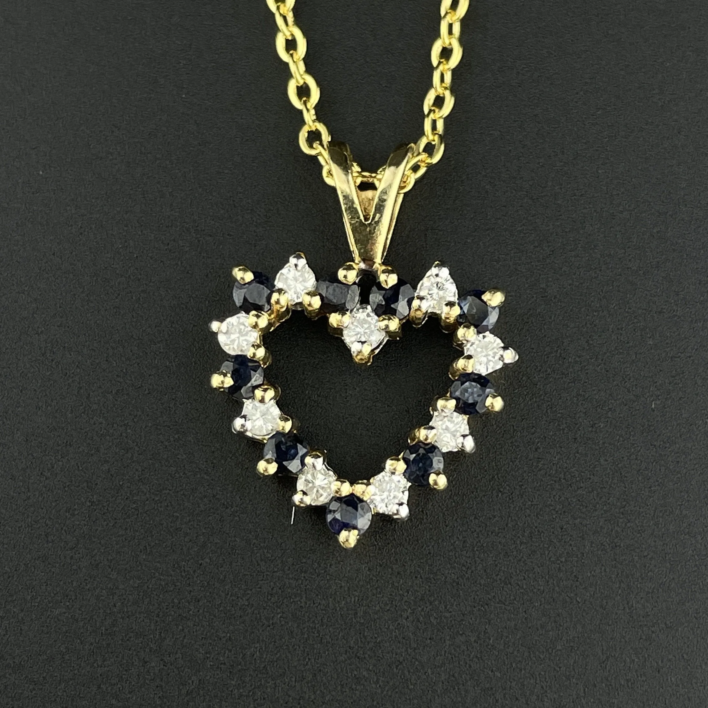 vintage Gold Diamond Blue Sapphire Heart Charm Pendant Necklace