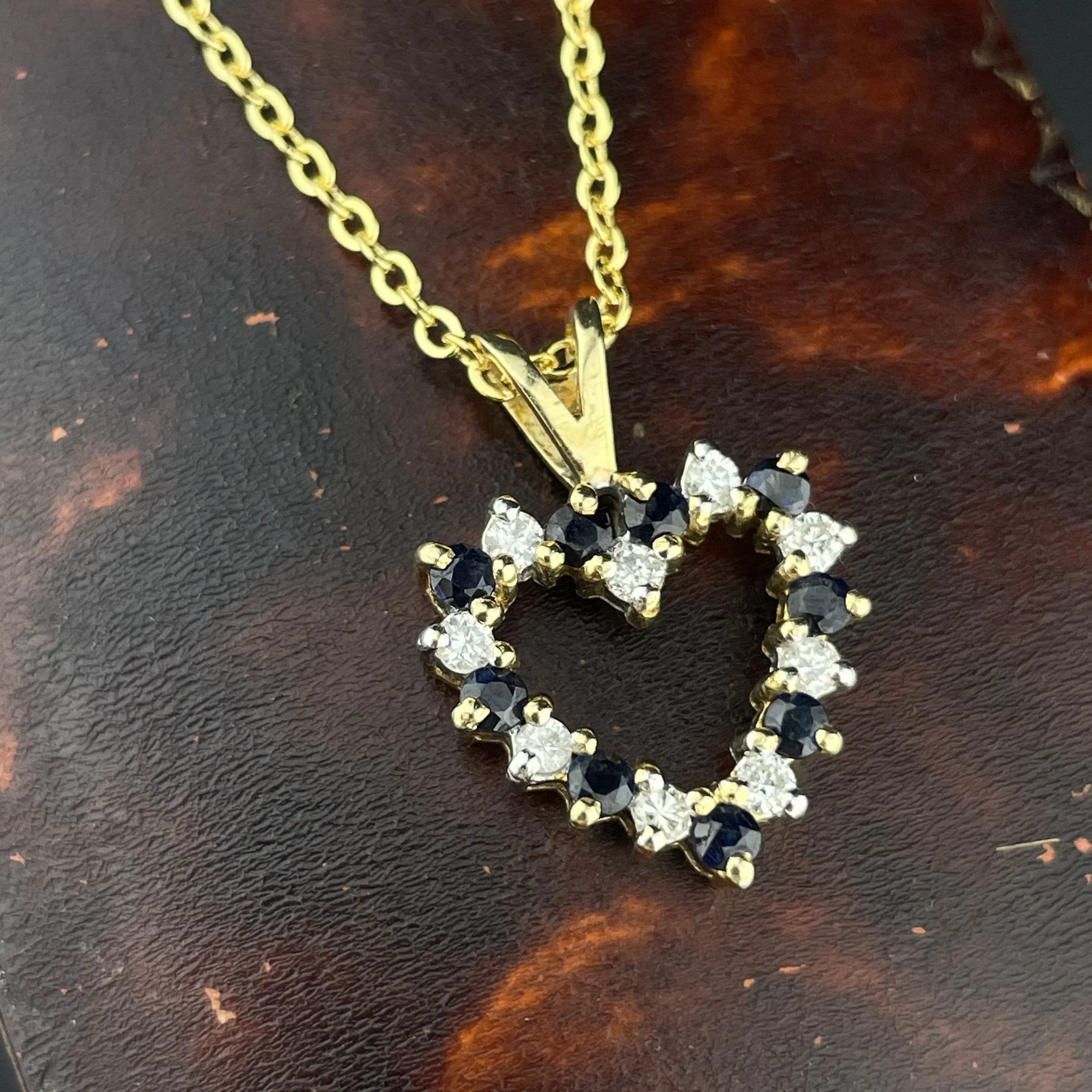 vintage Gold Diamond Blue Sapphire Heart Charm Pendant Necklace