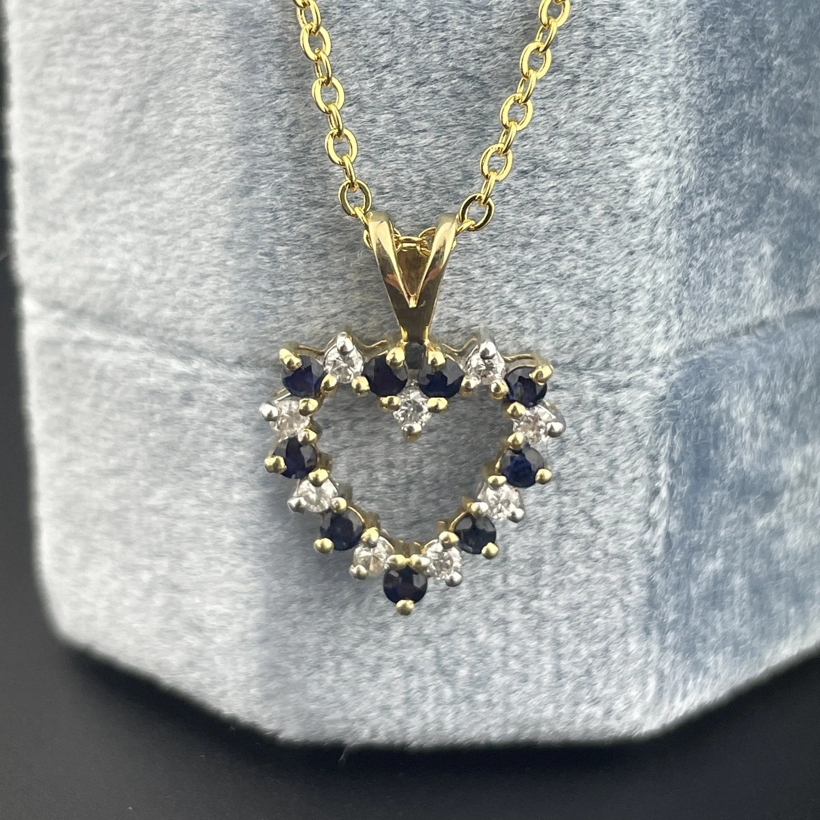 vintage Gold Diamond Blue Sapphire Heart Charm Pendant Necklace