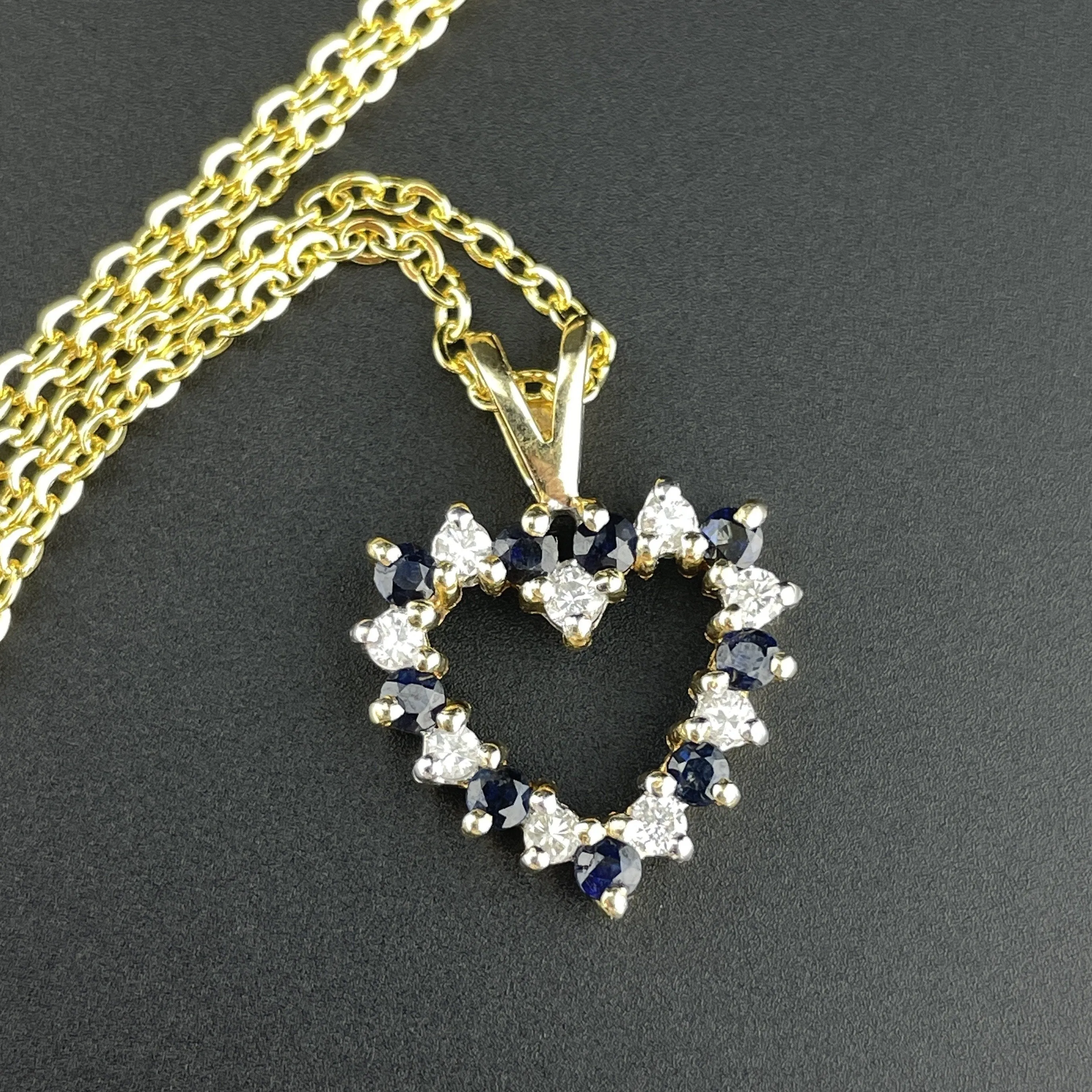 vintage Gold Diamond Blue Sapphire Heart Charm Pendant Necklace