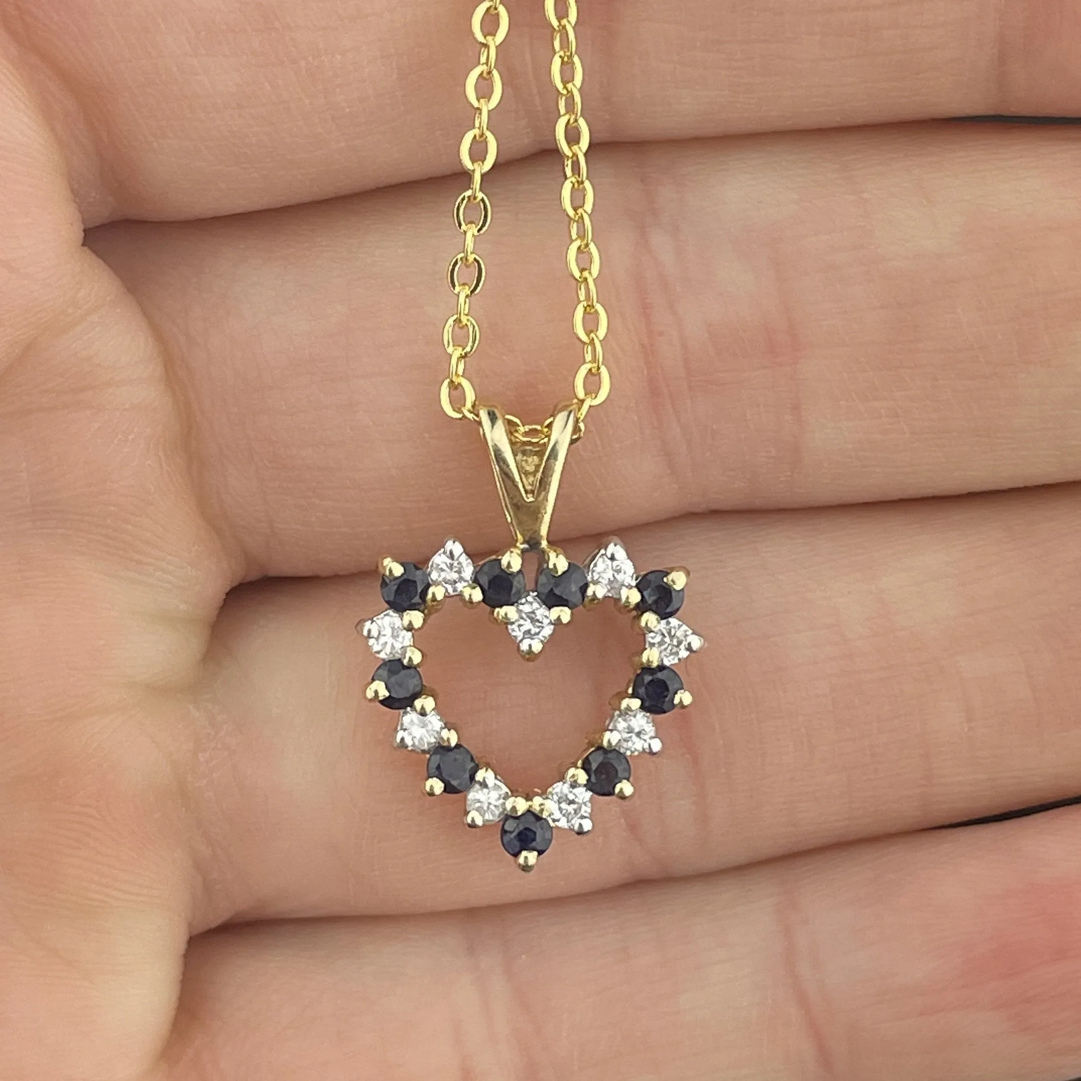 vintage Gold Diamond Blue Sapphire Heart Charm Pendant Necklace