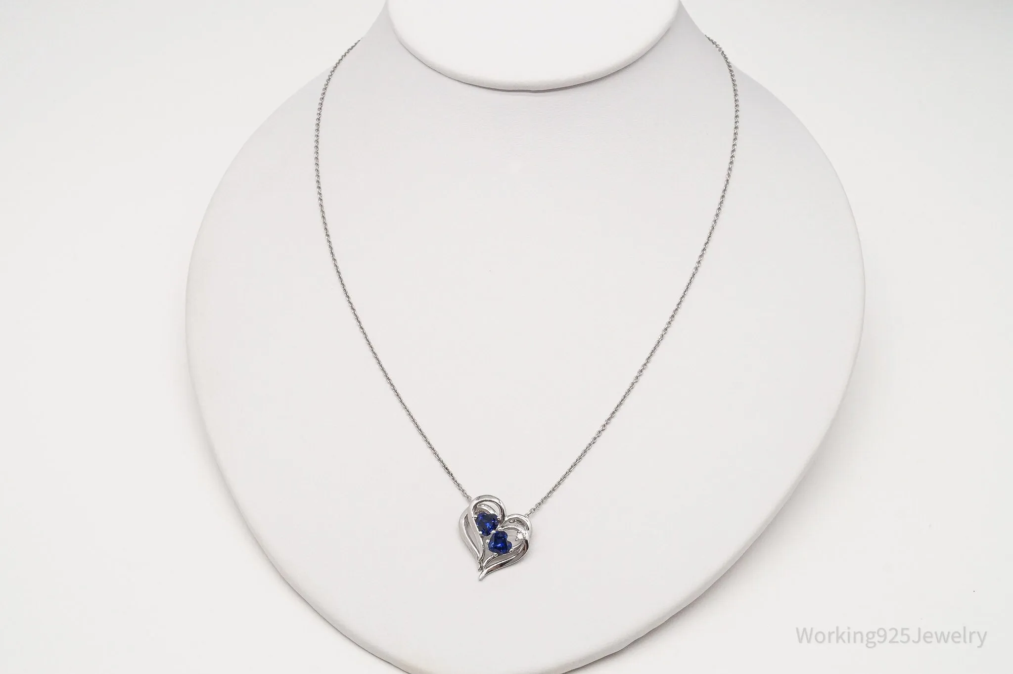 Vintage Lab Sapphire Diamond Heart Sterling Silver Necklace 18"