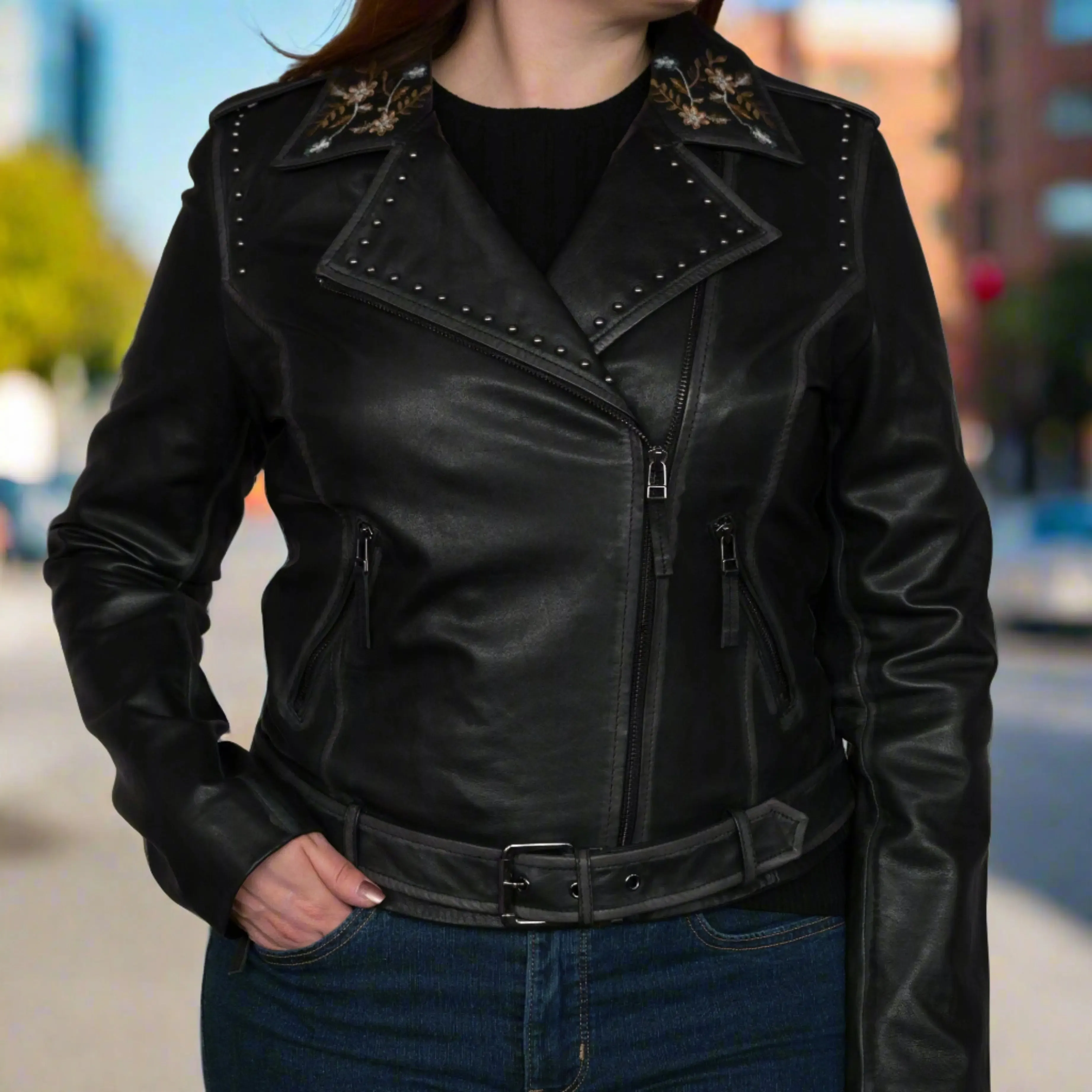 Women's Lamb Leather Jacket with Floral Embroidery