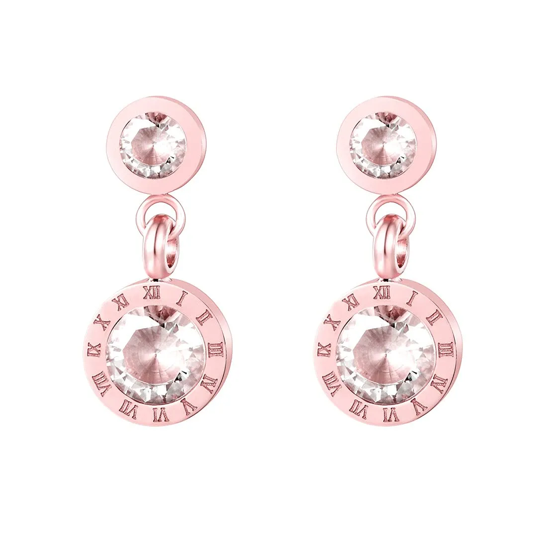 Yellow Chimes Crystal Earrings for Women Western Style Rose Gold Plated Stainless Steel Roman Numericals Engraved Crystal Drop Earrings for Women and Girls