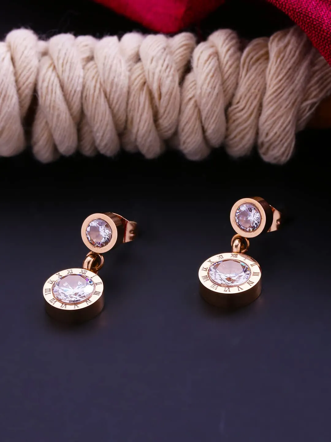 Yellow Chimes Crystal Earrings for Women Western Style Rose Gold Plated Stainless Steel Roman Numericals Engraved Crystal Drop Earrings for Women and Girls